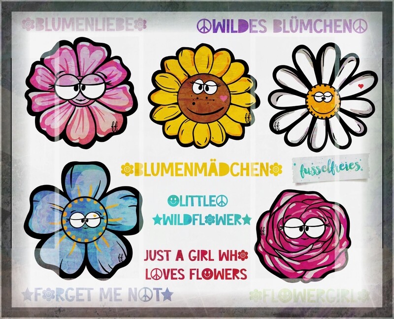 Sweet Flowers - Blumen Blüten Smileys Gänseblümchen, Sonnenblume, Vergiss mein nicht, Hibiskus, Rose Plotterdatei Plottervorlage DXF SVG Fusselfreies