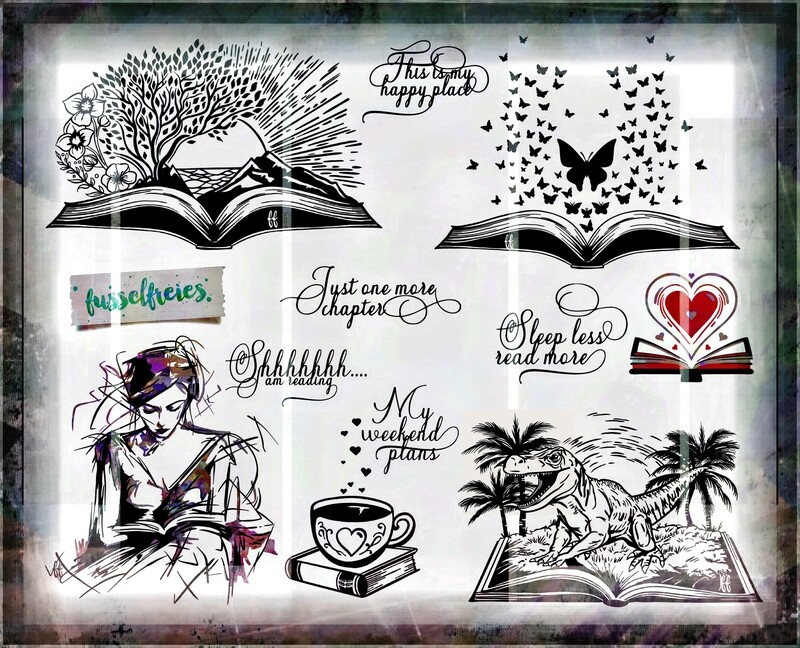 Lese Leidenschaft Skizzen - Bücher, Lesen, Buch, Fantasie, Dinosaurier, Dinos, Landschaft, Schmetterlinge, Herz Plotterdatei DXF SVG von Fusselfreies