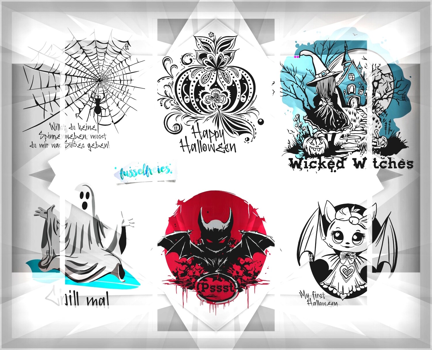 Gespenstisches Halloween 2023 Vol8 Plotterdatei DXF SVG  - Kürbis,  Gespenst, Spinne, Spinnennetz, Fledermaus, Hexe, Hexenhaus, Bat