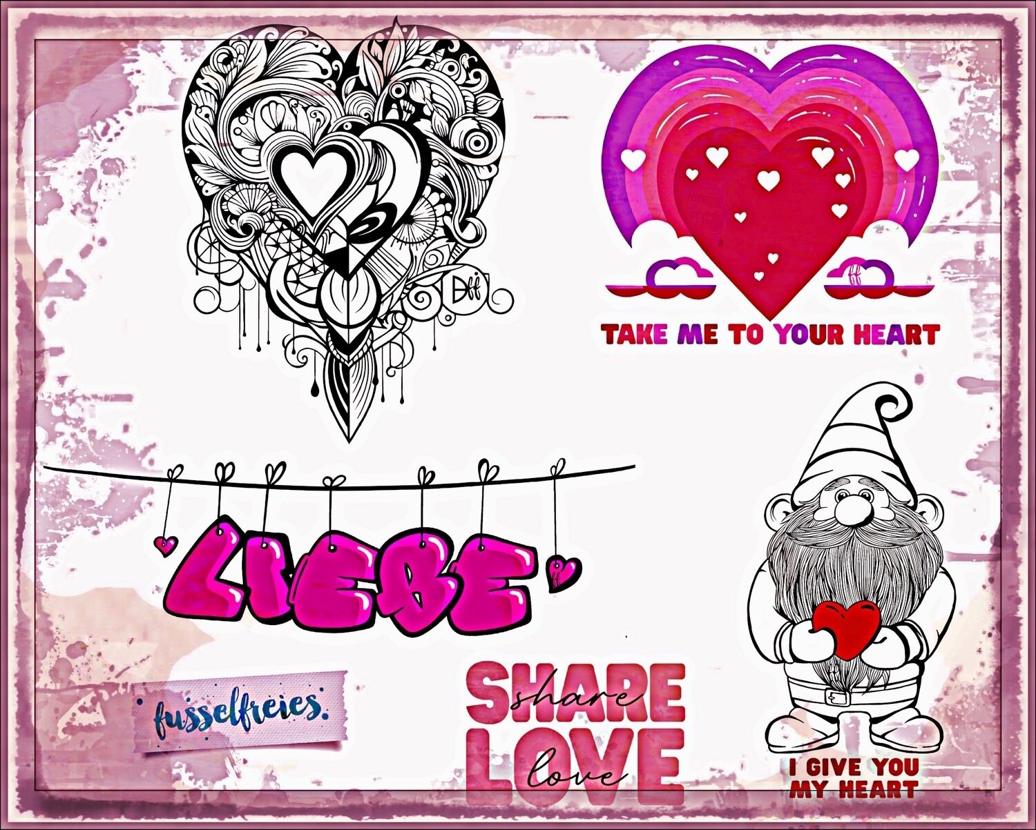 Valentine&#39;s Love Vol7 - Plotterdatei DXF SVG Valentinstag, Liebe, Herz, Gnom, Zwerg, Regenbogen, Love von Fusselfreies