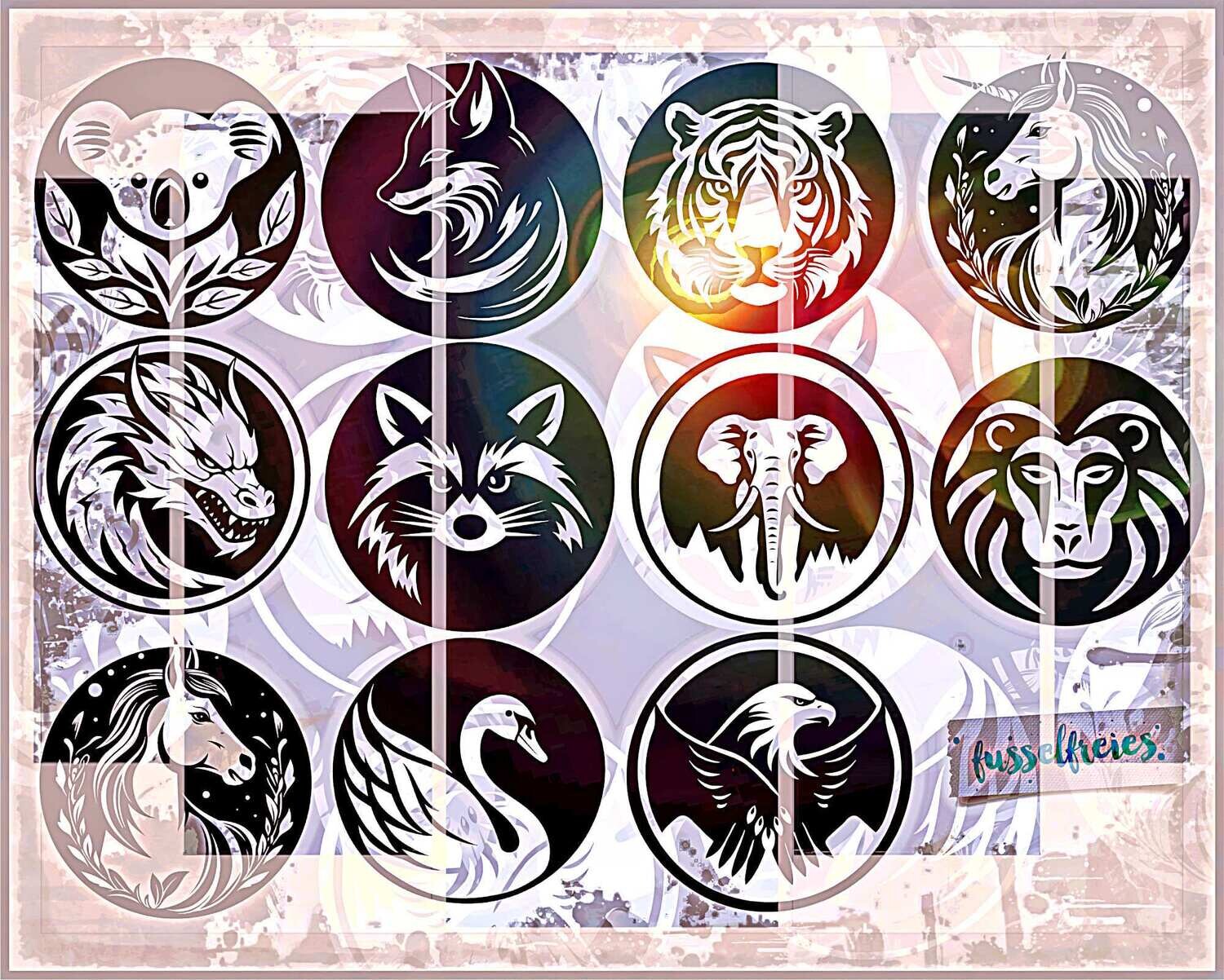 Animal Icons - Tier Buttons - Plottervorlage Plotterdatei DXF SVG Einhorn, Pferd, Tiger, Waschbär, Drache, Adler, Elefant, Fuchs, Koala, Pavian, Schwan von Fusselfreies