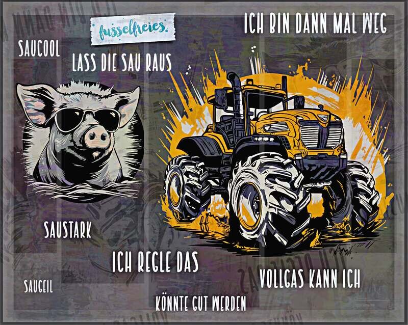 Landleben Vol4 -  Plotterdatei DXF SVG Bauernhof, Monstertruck Traktor, Trecker, Trekker und Schwein, Schweinekopf, Sonnenbrille von Fusselfreies