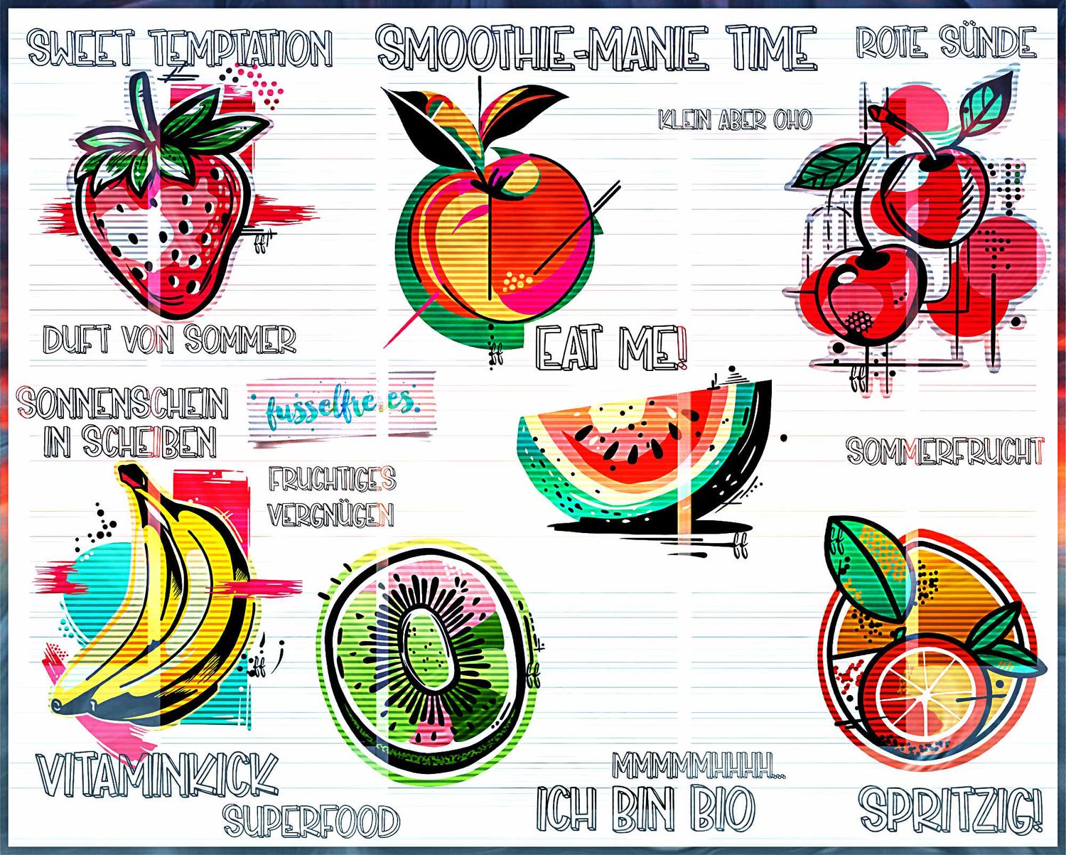 Fruit Splash - Frucht Designs Bananen, Wassermelone, Erdbeeren, Orange, Kirschen, Pfirsich, Kiwi, Früchte Plotterdatei Plottervorlage DXF SVG  von Fusselfreies