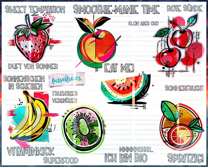 Fruit Splash - Frucht Designs Bananen, Wassermelone, Erdbeeren, Orange, Kirschen, Pfirsich, Kiwi, Früchte Plotterdatei Plottervorlage DXF SVG  von Fusselfreies