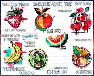 Fruit Splash - Frucht Designs Bananen, Wassermelone, Erdbeeren, Orange, Kirschen, Pfirsich, Kiwi, Früchte Plotterdatei Plottervorlage DXF SVG  von Fusselfreies