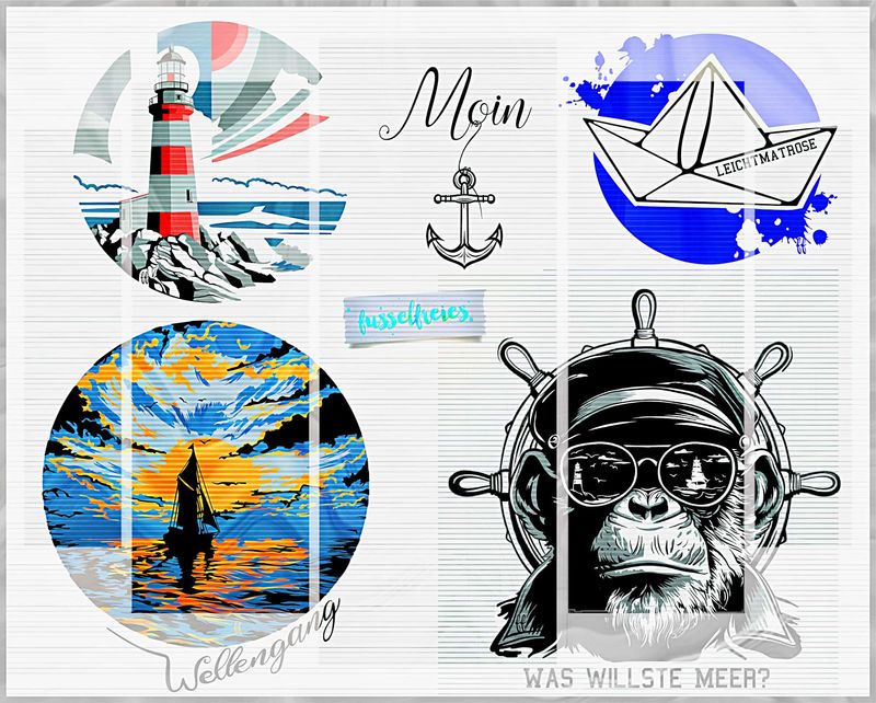 Maritim Vol10 Plotterdatei DXF SVG Anker, Segelschiff, Leuchtturm, Wellen, Papierschiff, Kapitän, Schimpanse, Steuerrad von Fusselfreies