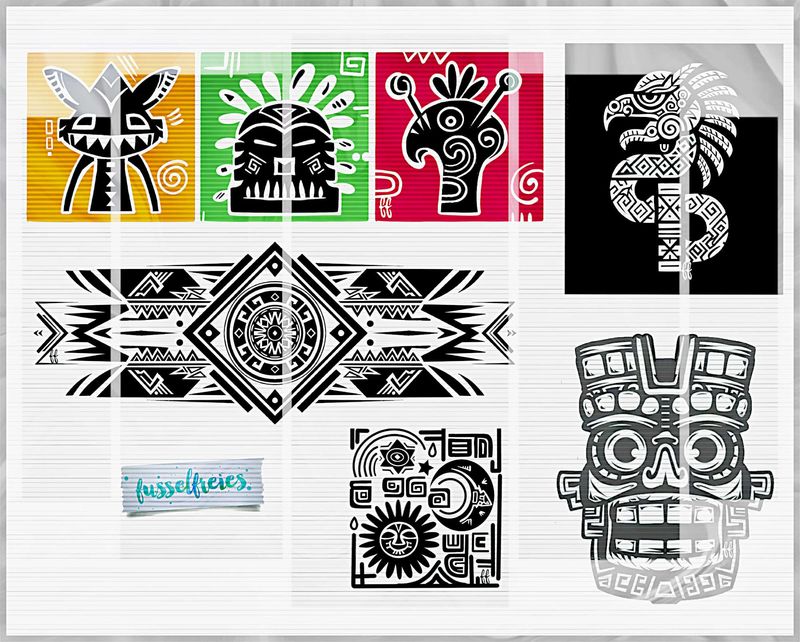 Azteken Plotterdatei, Plottervorlage DXF SVG PNG Schlange, Maske, Sonne, Mond, Sterne, Inka, Maya von Fusselfreies