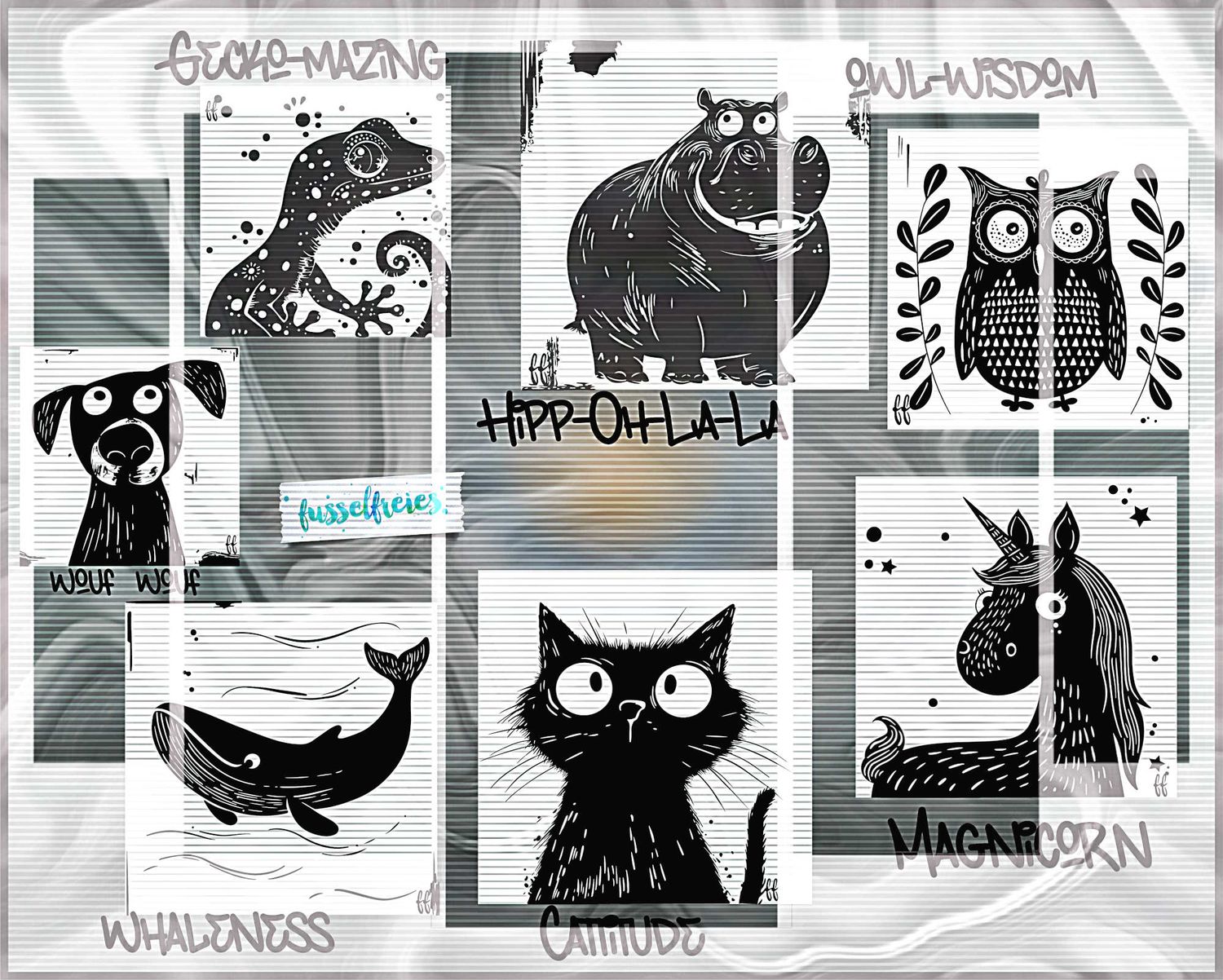 Linoleum Tiere - Katze, Hund, Eule, Nilpferd, Einhorn, Gecko, Wal Plotterdatei Plottervorlage DXF SVG  von Fusselfreies