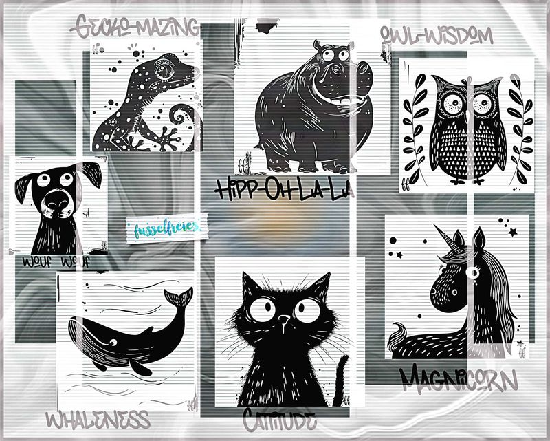 Linoleum Tiere - Katze, Hund, Eule, Nilpferd, Einhorn, Gecko, Wal Plotterdatei Plottervorlage DXF SVG  von Fusselfreies