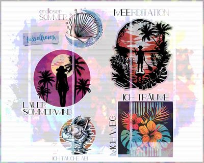 Aloha Beach 2024 Plotterdatei DXF SVG Strand, Sonne, Sommer, Palmen, Standup Paddling, Muschel, Blumen, Drache, Schnorchel