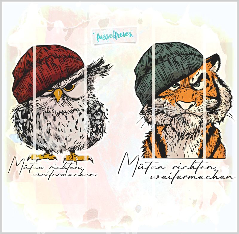 Tiger &amp; Eule - Mütze richten, weitermachen - Plotterdatei DXF SVG Design Serie Plottervorlage Laserdatei