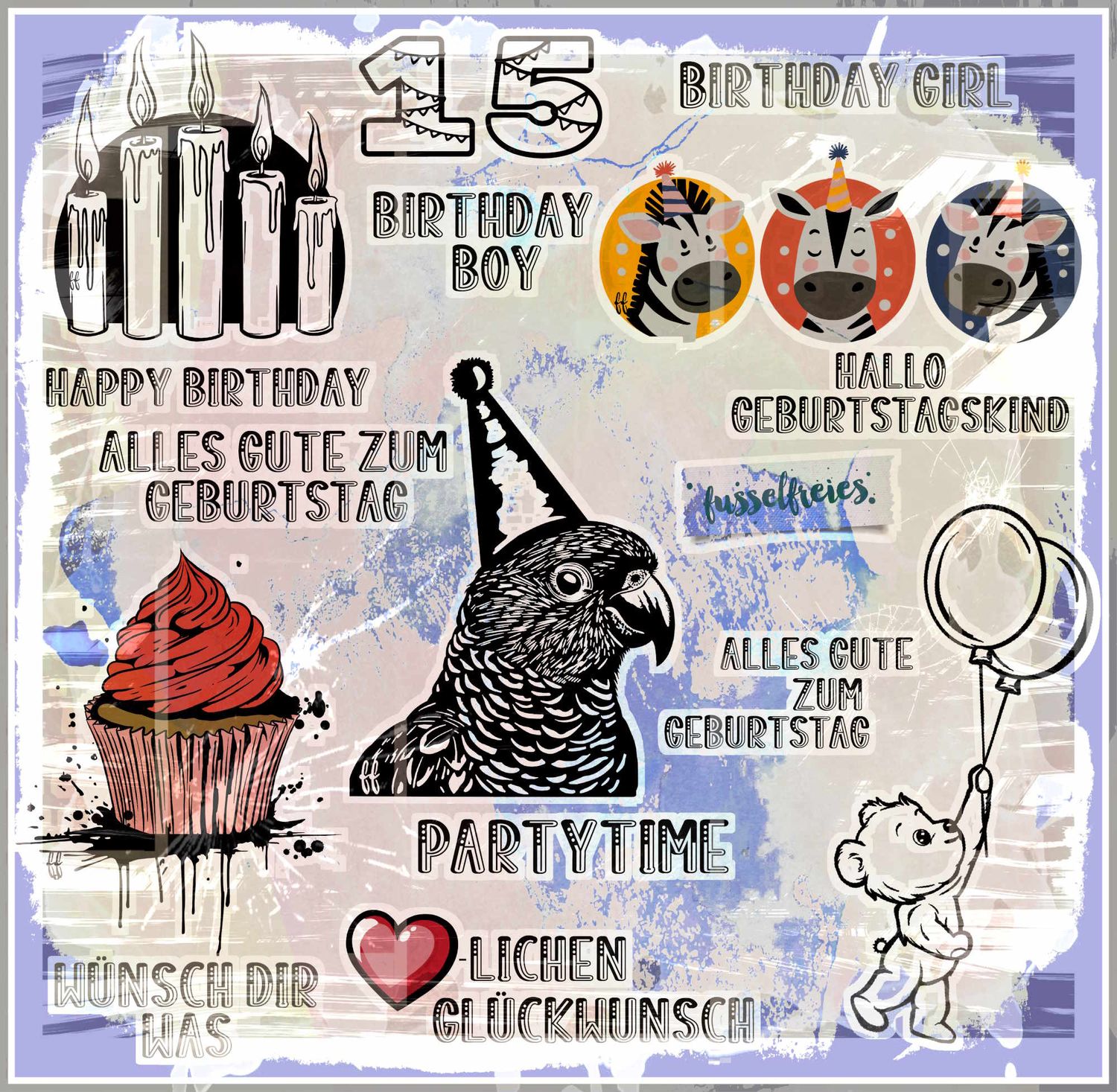 Geburtstag Designs - Plotterdatei DXF SVG  Zebra, Herz, Kerzen, Papagei, Cupcake, Teddy, Luftballon Plottervorlage Laserdatei