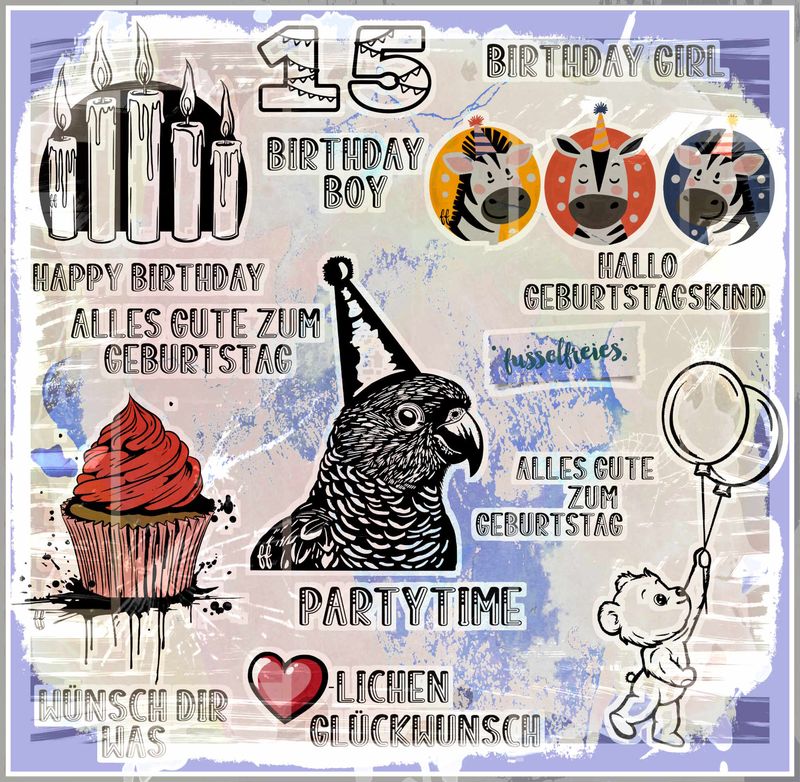 Geburtstag Designs - Plotterdatei DXF SVG  Zebra, Herz, Kerzen, Papagei, Cupcake, Teddy, Luftballon Plottervorlage Laserdatei