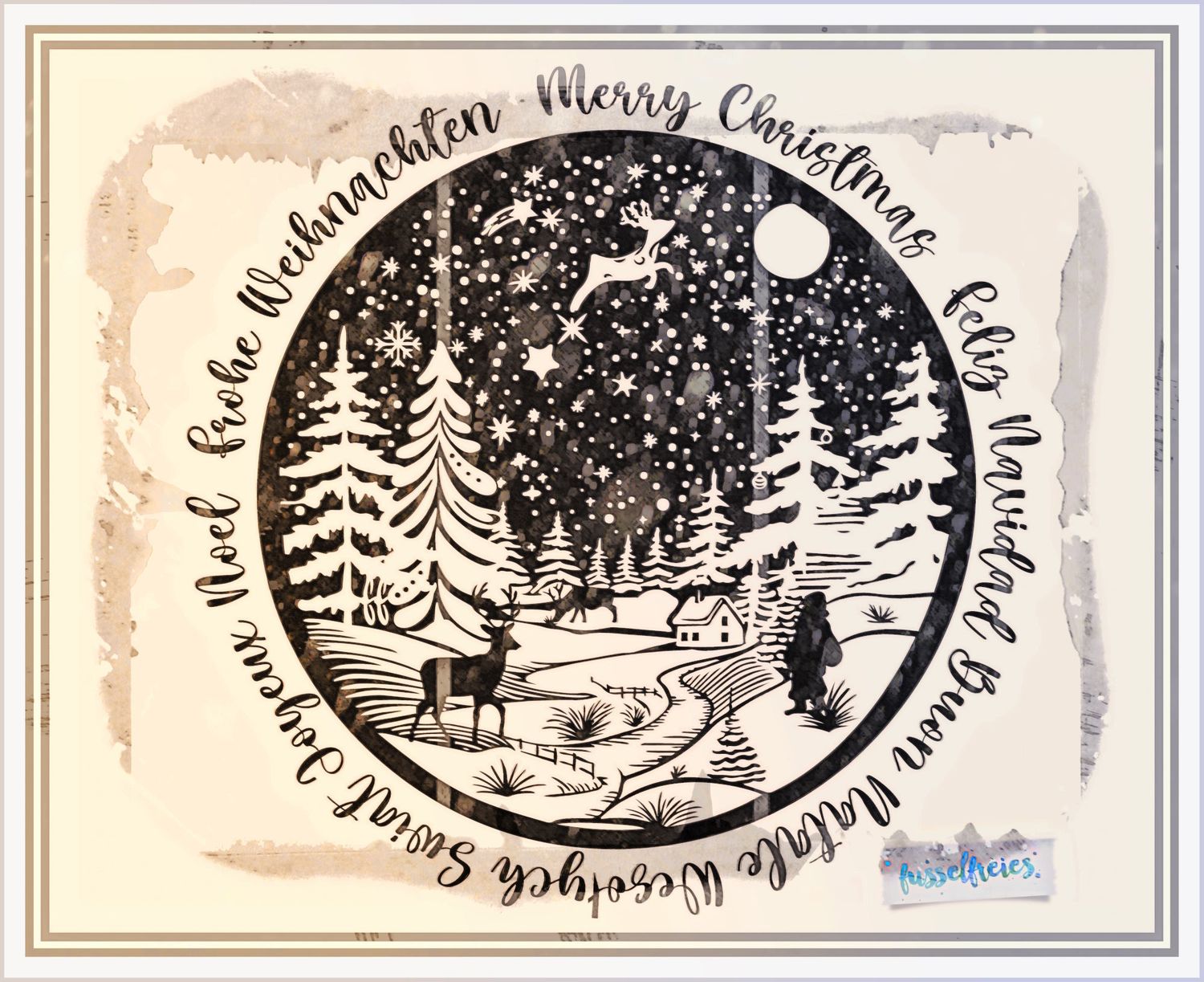 Winterlandschaft - Plotterdatei Plottervorlage DXF SVG Laserdatei - Frohe Weihnachten in 6 Sprachen von Fusselfreies