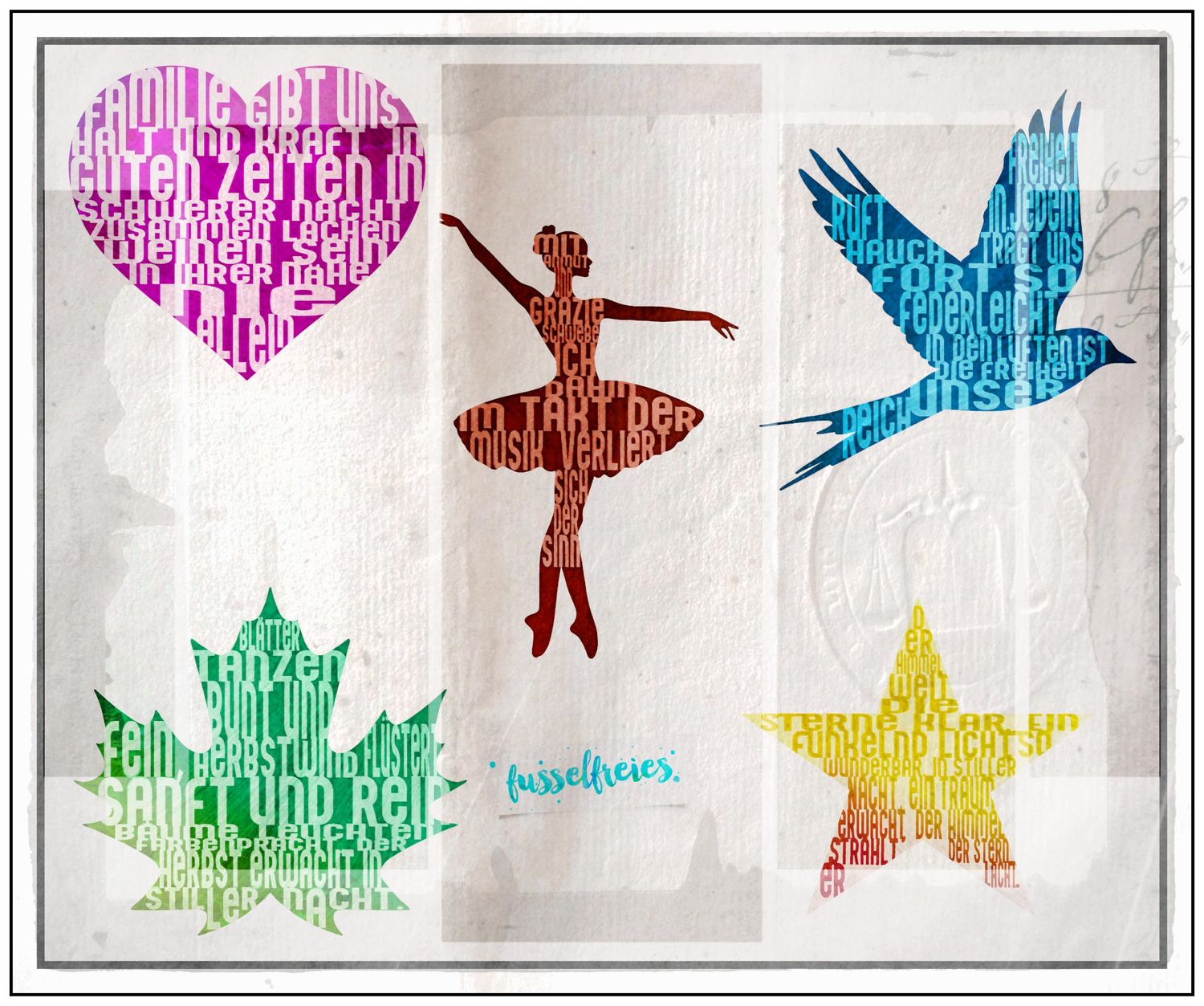 Shaped Words Vol2  - Plotterdatei Laserdatei DXF SVG Ballerina, Herz, Stern, Blatt, Vogel von Fusselfreies
