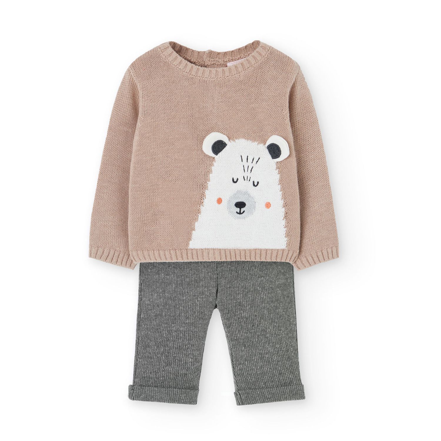 Completo neonato beige a maglia con animali