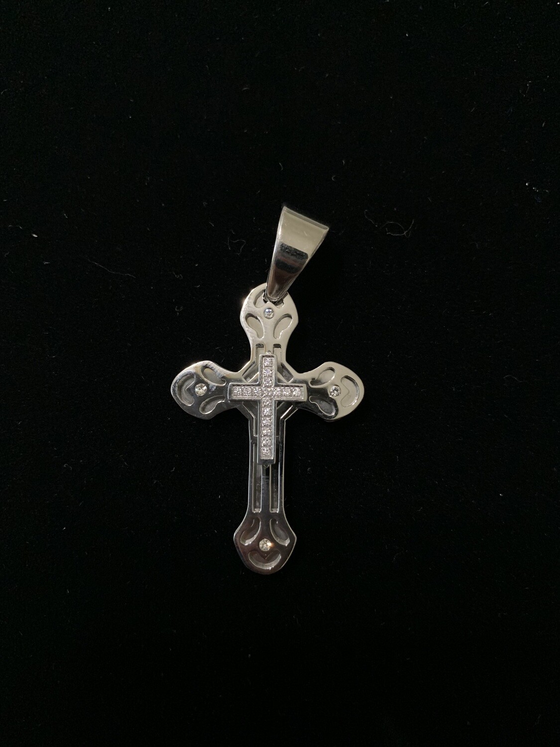 Stainless Steel Double Silver Tone Cross with Costume Diamonds Pendant