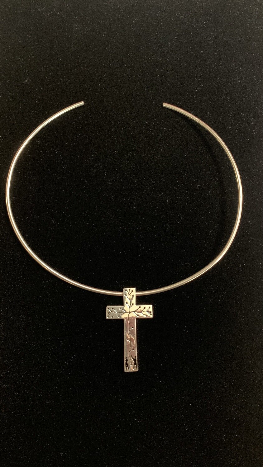 Sterling Silver Choker Necklace with Garden of Eden Silver Cross Pendant