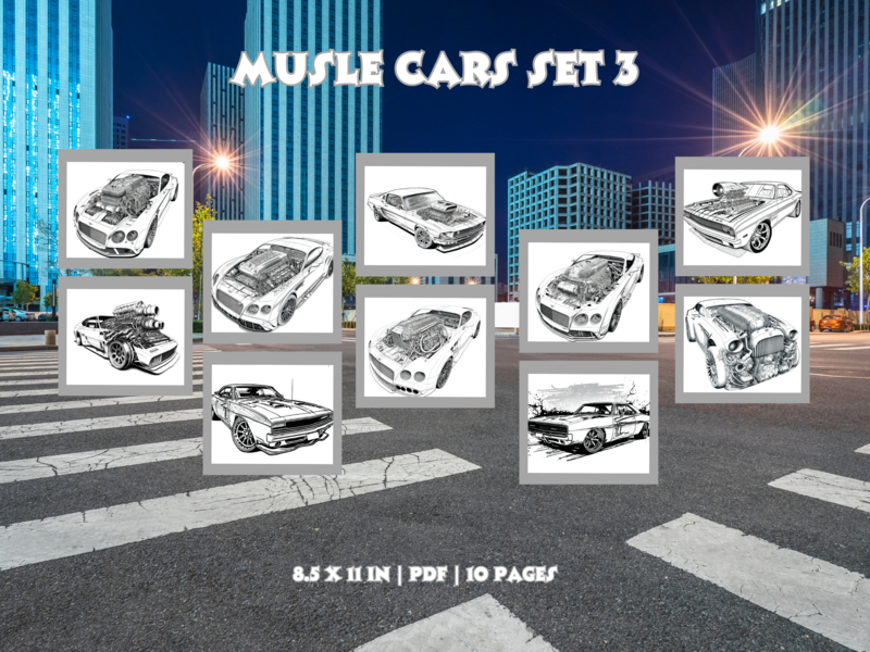 Muscle Cars Set 3 Printable 10 Coloring Pages