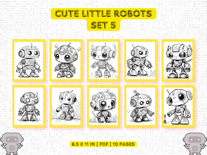 Cute Little Robots Set 5 Printable 10 Coloring Pages