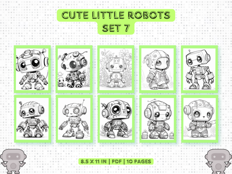 Cute Little Robots Set 7 Printable 10 Coloring Pages