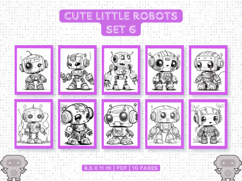 Cute Little Robots Set 6 Printable 10 Coloring Pages