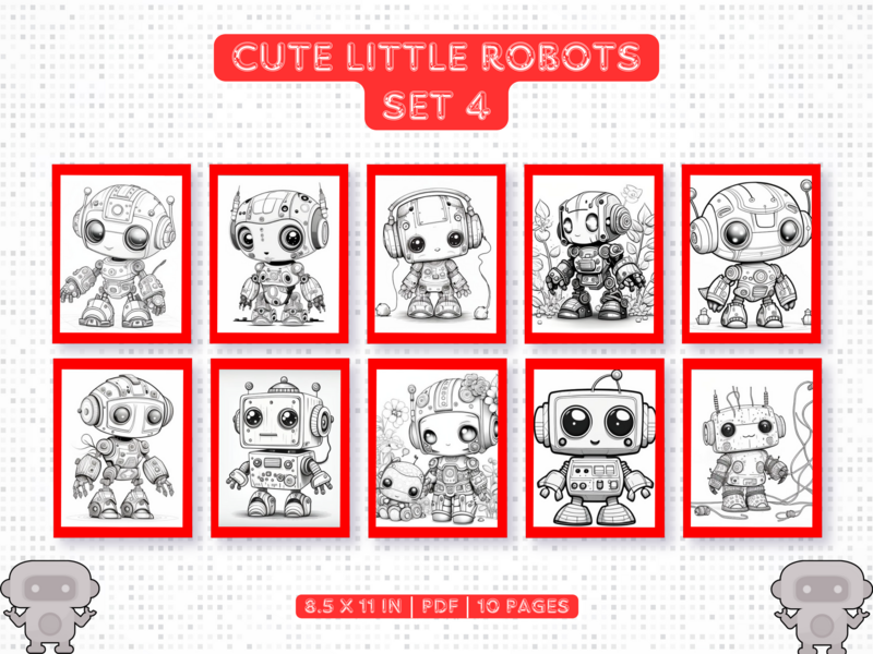 Cute Little Robots Set 4 Printable 10 Coloring Pages