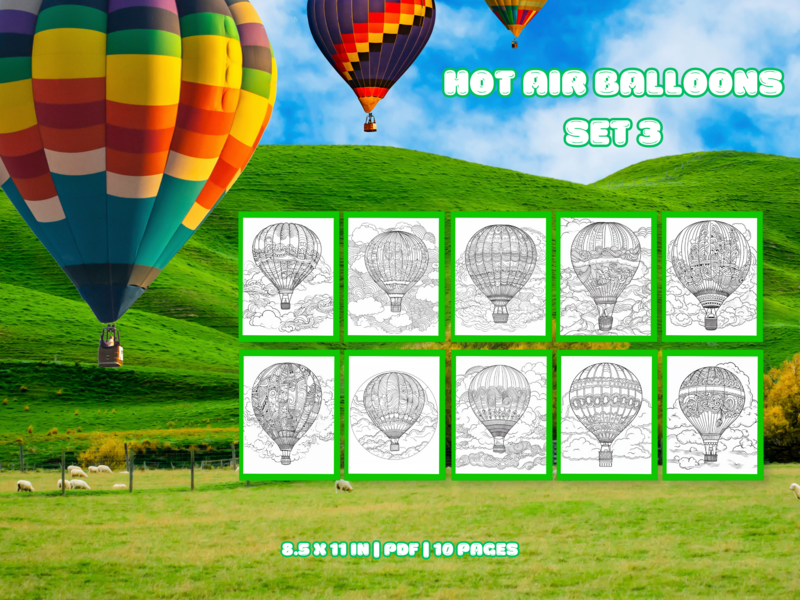 Hot Air Balloons Set 3 Printable 10 Coloring Pages