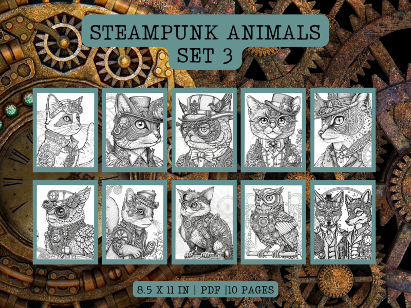 Steampunk Animals Set 3 Printable 10 Coloring Pages