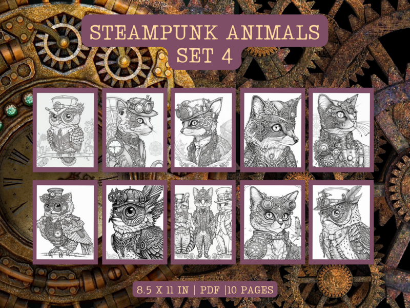 Steampunk Animals Set 4 Printable 10 Coloring Pages