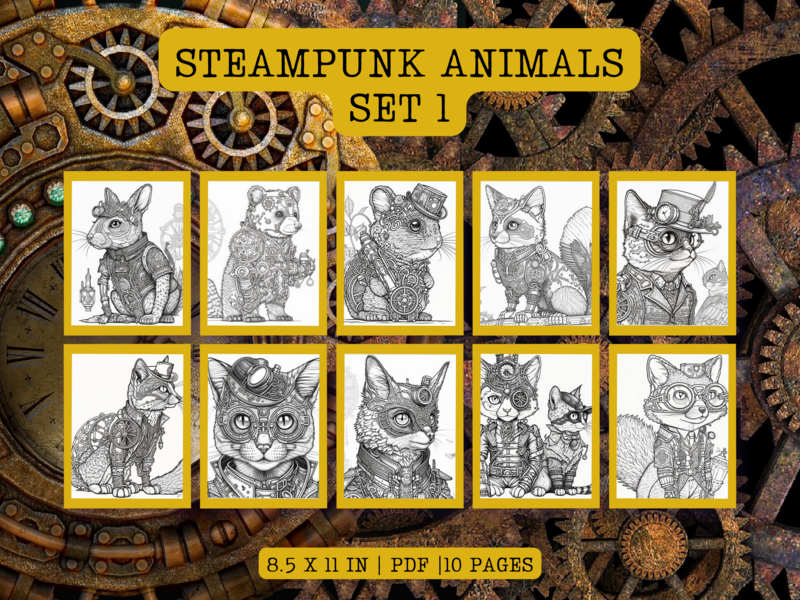 Steampunk Animals Set 1 Printable 10 Coloring Pages
