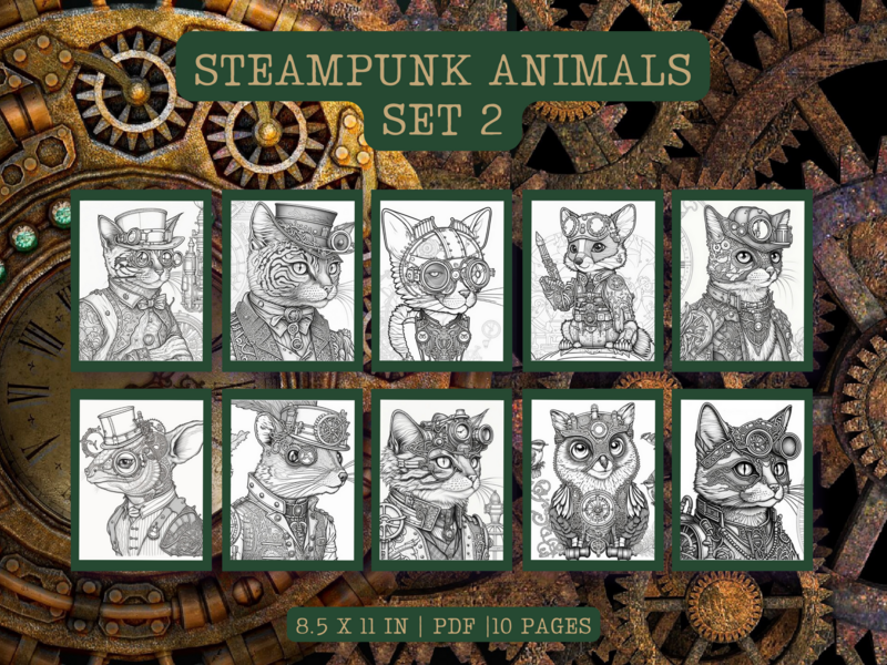 Steampunk Animals Set 2 Printable 10 Coloring Pages