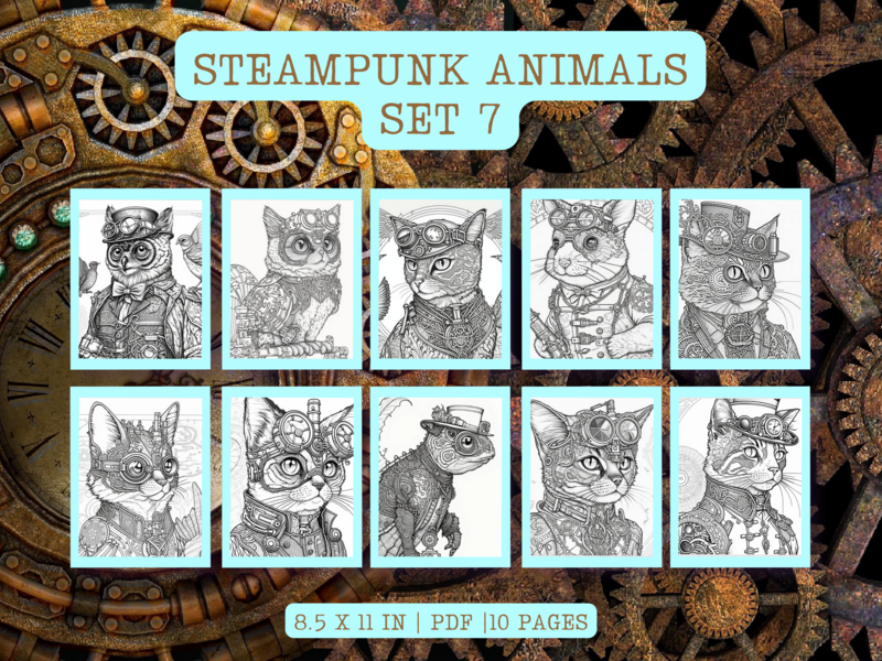 Steampunk Animals Set 7 Printable 10 Coloring Pages