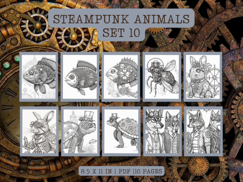 Steampunk Animals Set 10 Printable 10 Coloring Pages