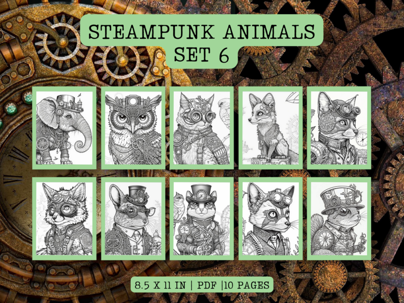 Steampunk Animals Set 6 Printable 10 Coloring Pages