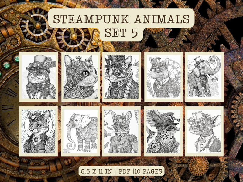 Steampunk Animals Set 5 Printable 10 Coloring Pages