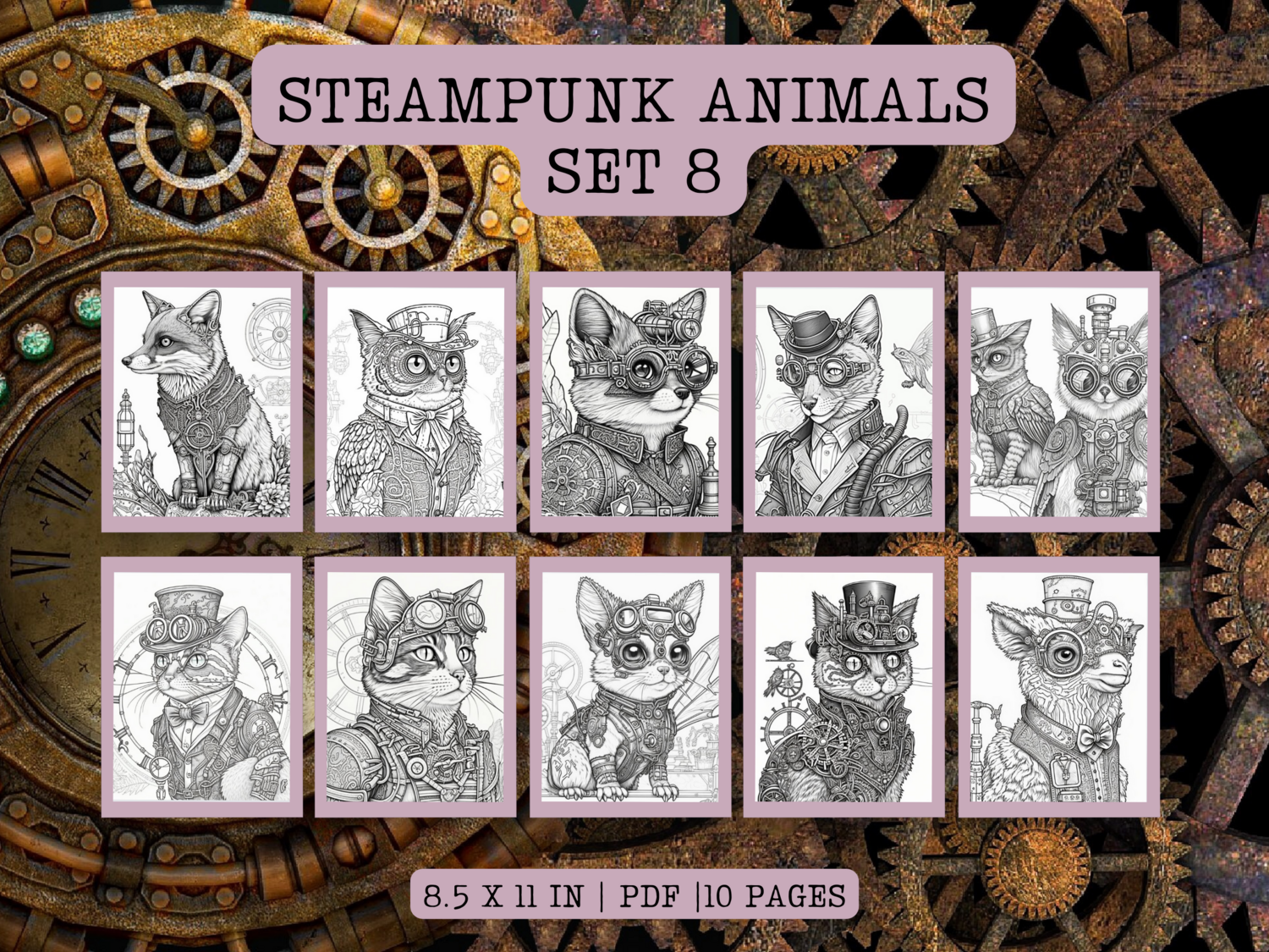 Steampunk Animals Set 8 Printable 10 Coloring Pages