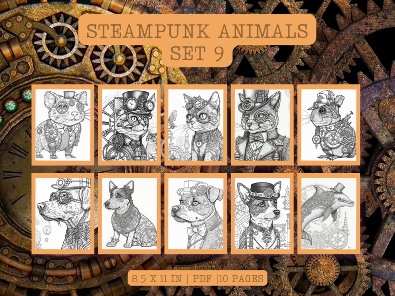 Steampunk Animals Set 9 Printable 10 Coloring Pages