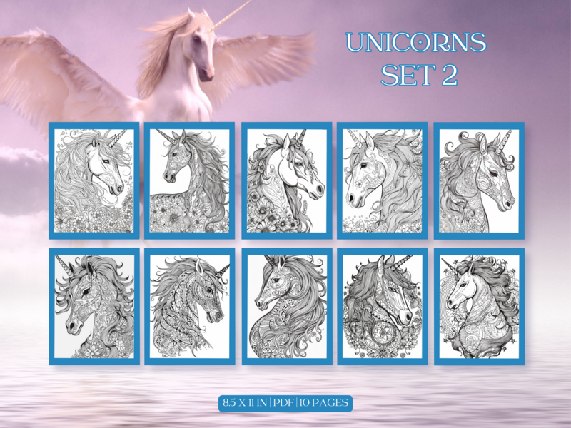 Beautiful Unicorn Profiles Set 2 Printable 10 Coloring Pages