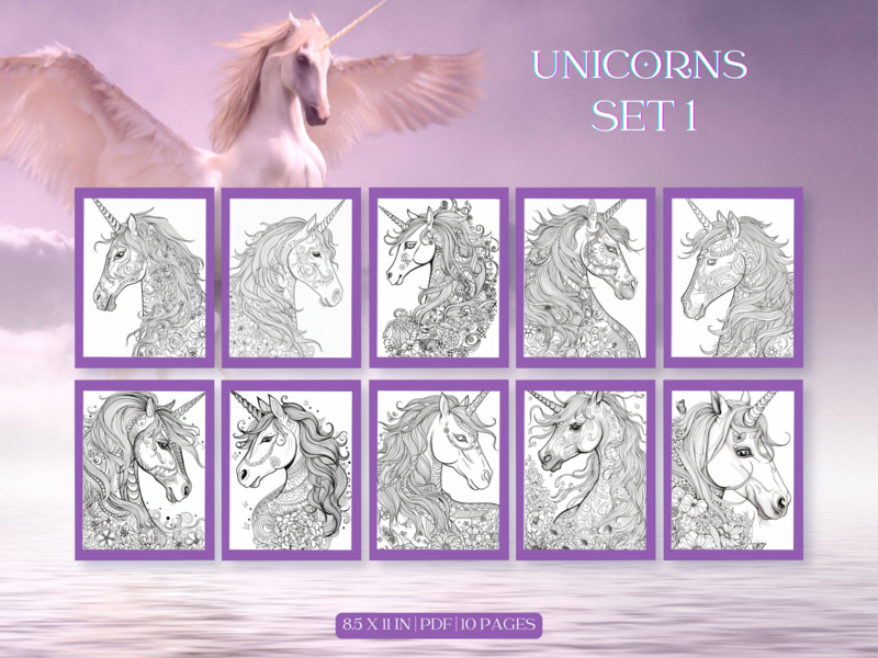 Beautiful Unicorn Profiles Set 1 Printable 10 Coloring Pages