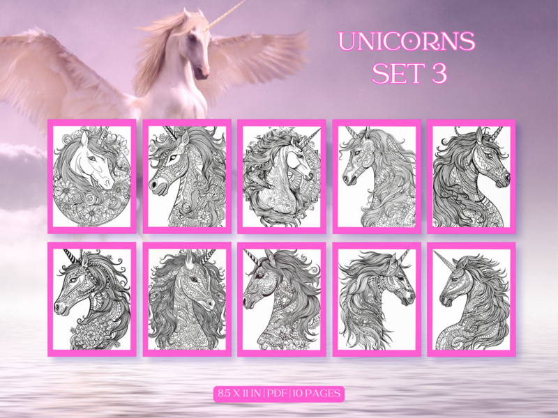 Beautiful Unicorn Profiles Set 3 Printable 10 Coloring Pages