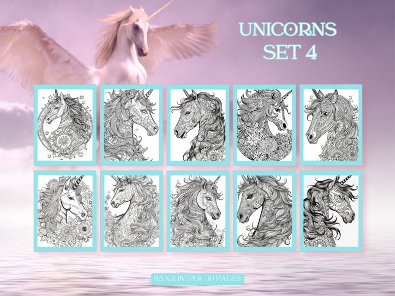 Beautiful Unicorn Profiles Set 4 Printable 10 Coloring Pages