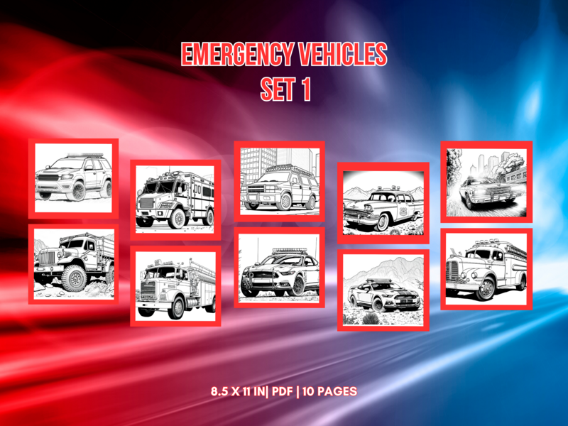 Emergency Vehicles Set 1 Printable 10 Coloring Pages