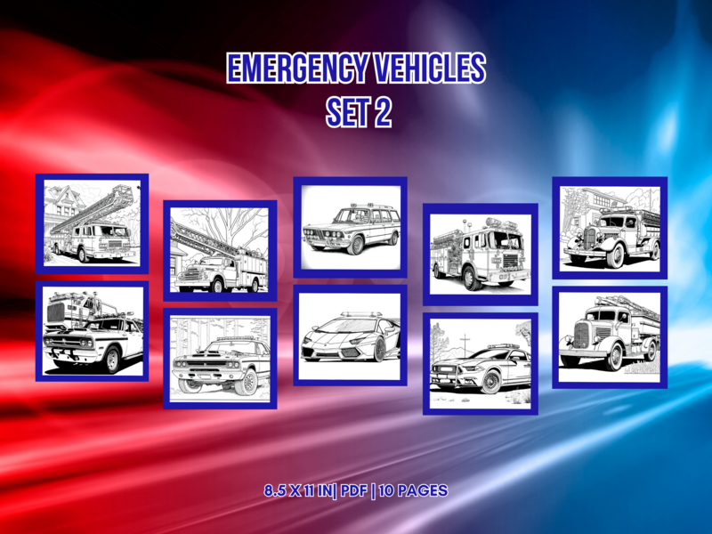 Emergency Vehicles Set 2 Printable 10 Coloring Pages