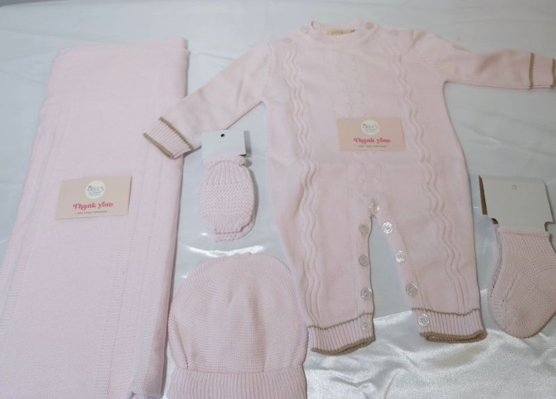 CUSTOMIZED KNITTED BABY SET ( PINK AND BROWN)