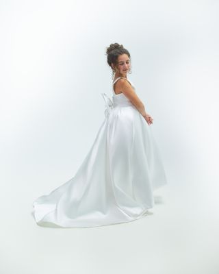 RAYNA&#39;S MIKADO FLOWER GIRL DRESS ( WHITE- TAIL LENGTH)