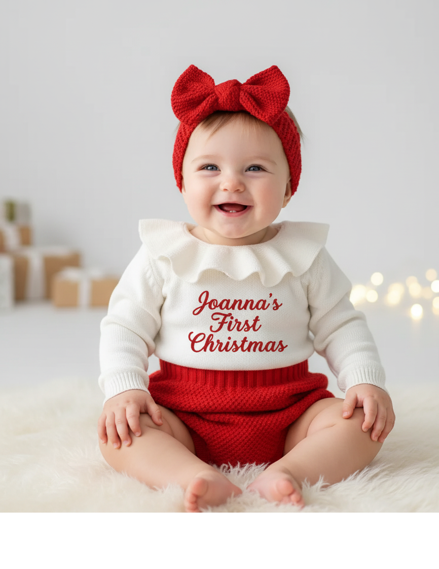 Baby girl Christmas knitted romper with bow