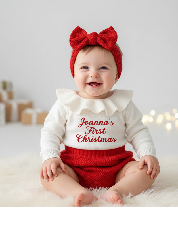 Baby girl Christmas knitted romper with bow