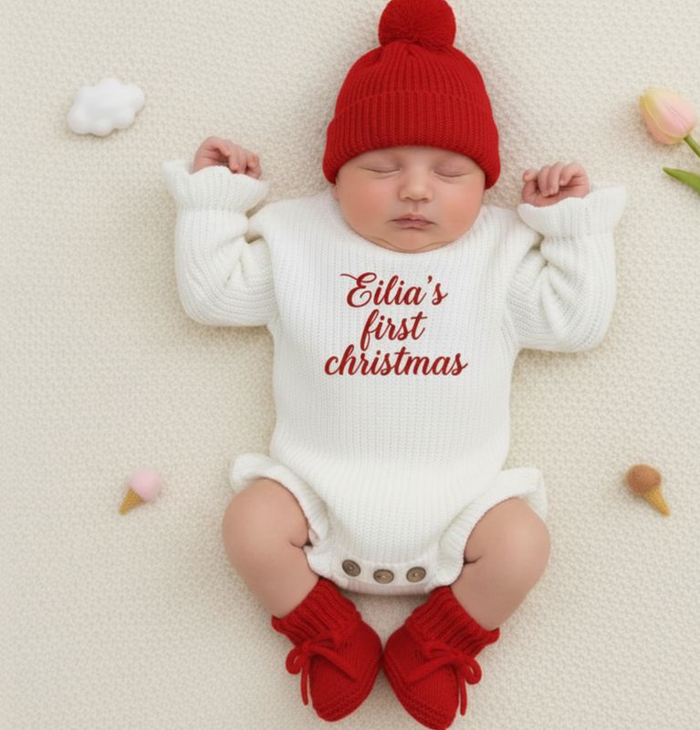 Baby girl Christmas knitted romper with hat and booties