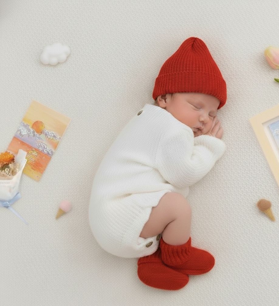 Baby boy Christmas knitted romper with hat and booties